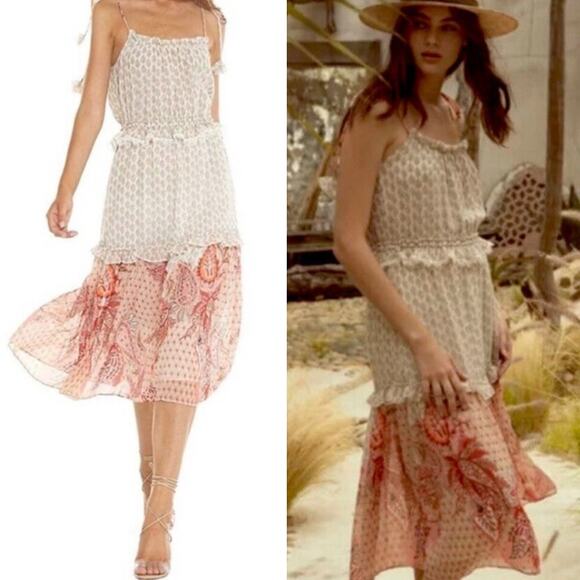 NWT MISA DRESS MIDI FLORAL TIERED RUFFLE COTTAGECORE BOHO CHIC CORAL PEACH BEIGE - Picture 1 of 15